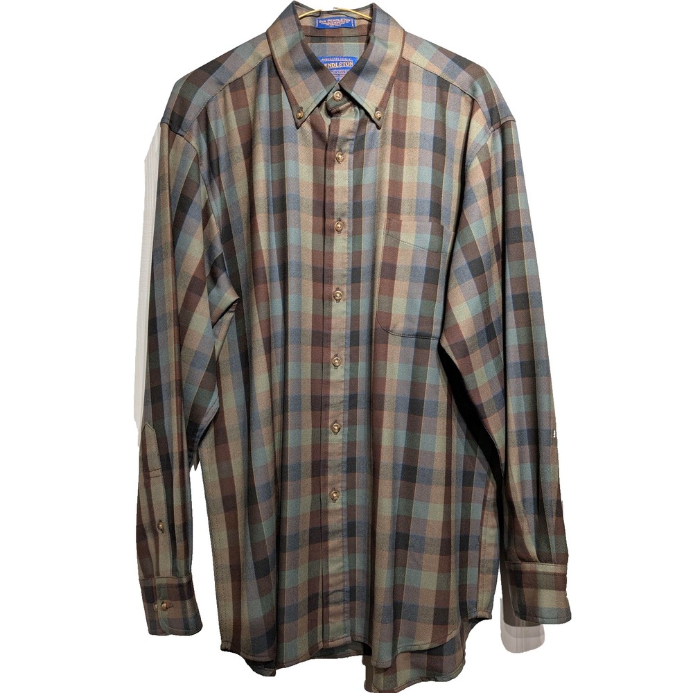 Pendleton Shirt Men M Brown Green Blue Plaid 100 Worsted Wool Button Long Sleeve